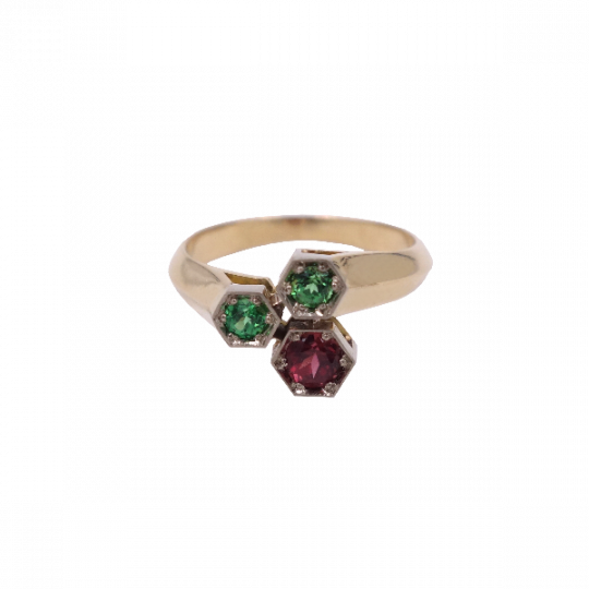 Bague hexagone Tsavorite et Rhodolite en Or bicolore