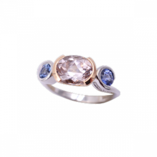 Bague Morganite et Saphirs Bleus en Or Bicolore