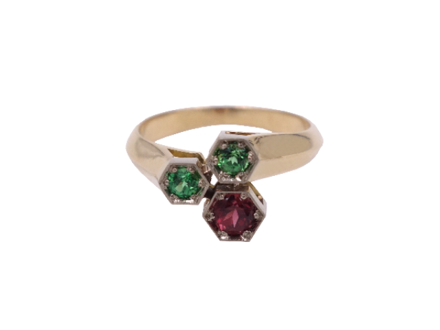 Bague hexagone Tsavorite et Rhodolite en Or bicolore